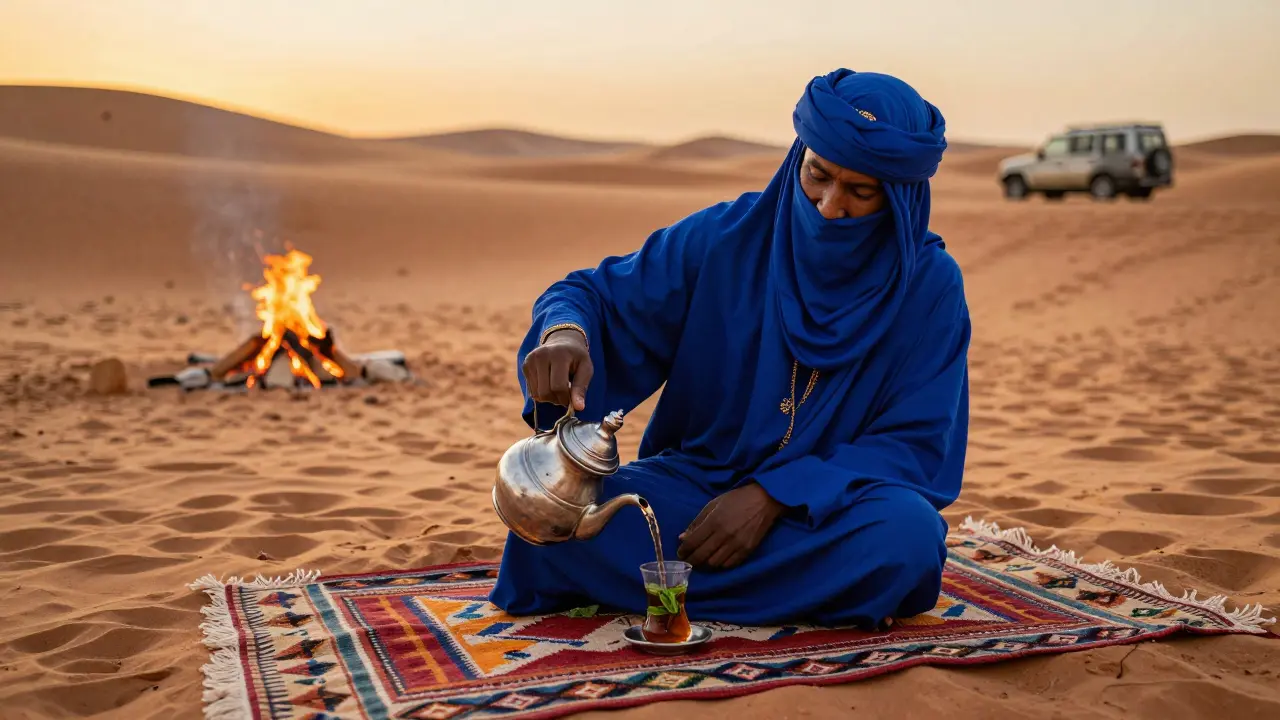 Un homme Touareg en voile indigo servant le thé traditionnel sur le sable du désert.