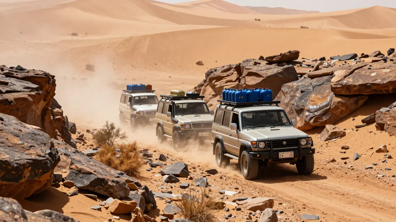 Véhicules tout-terrain avec bidons d’eau sur terrain rocailleux
