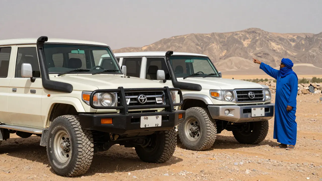 Véhicules tout-terrain préparés et un guide Touareg dans le Sahara.