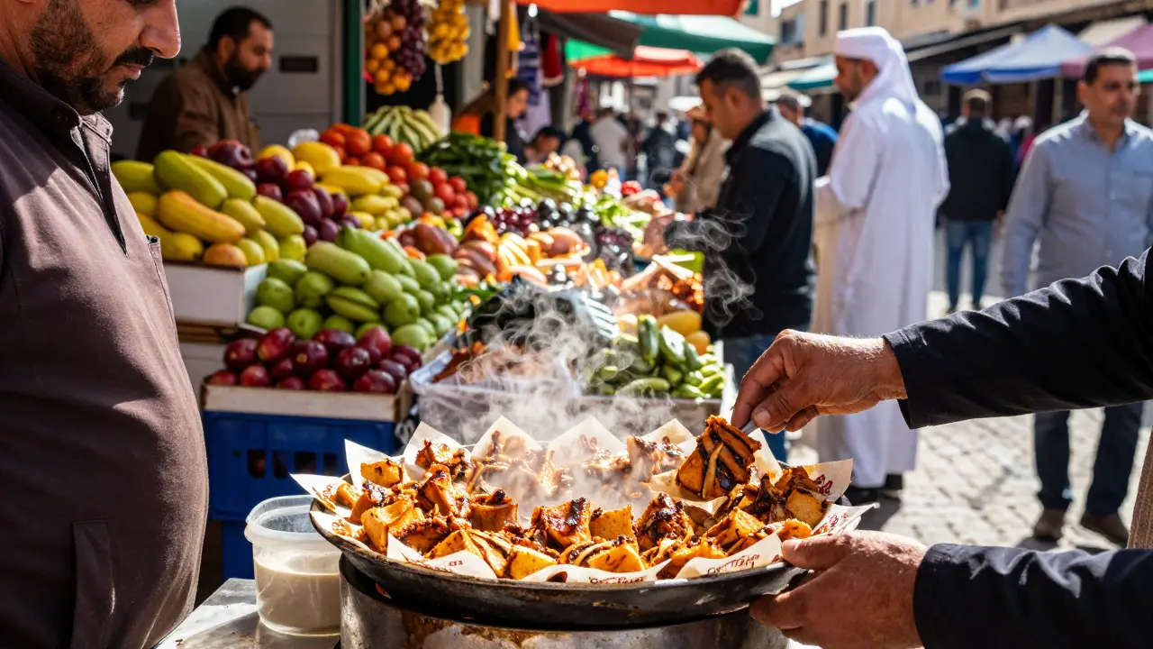 Vendeur de street-food proposant de la garantita dans un marché algérien.