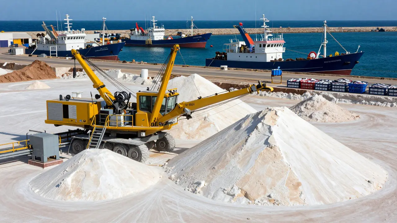 Vue industrielle des mines de phosphate et d'un port de pêche dans le Sahara occidental.