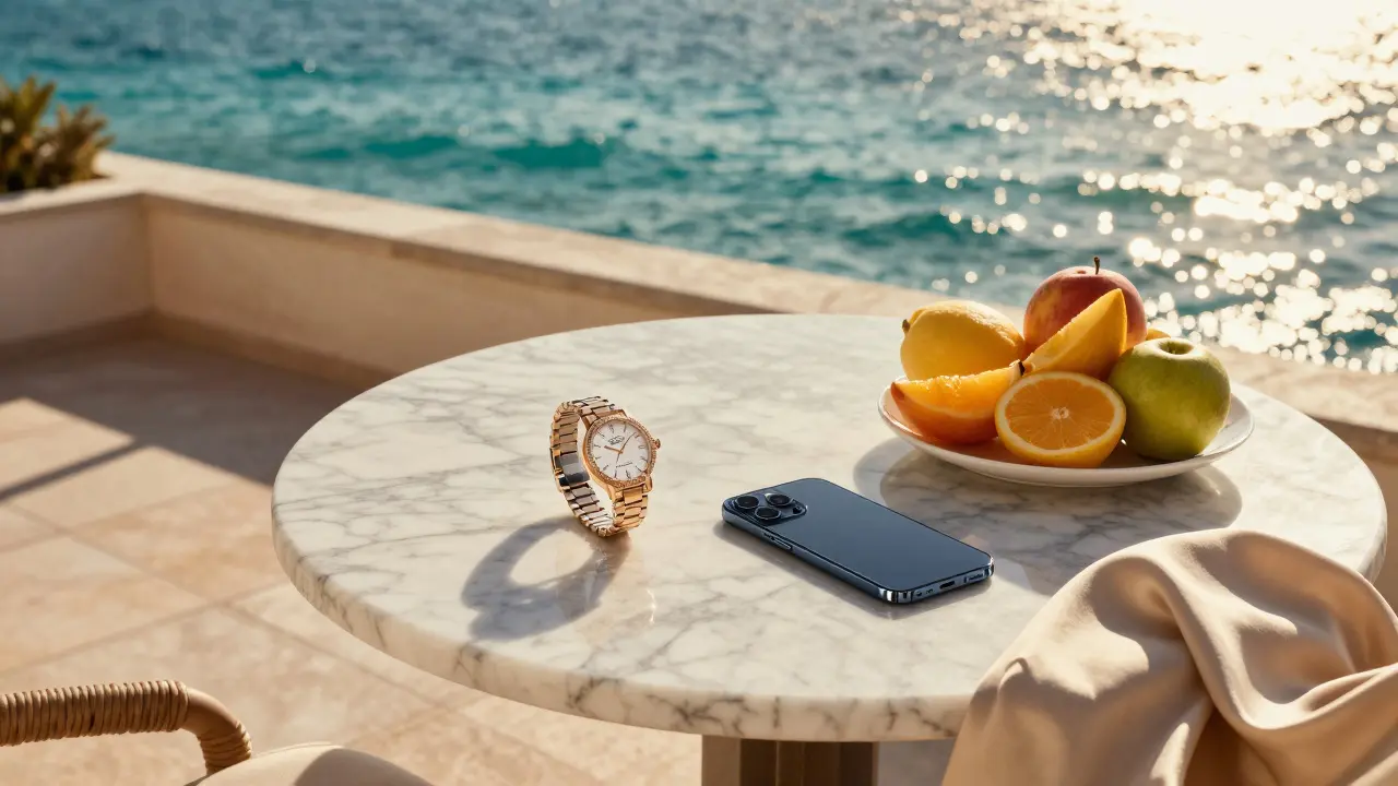Vue luxueuse d'une terrasse en bord de mer à Oran avec des objets de luxe.
