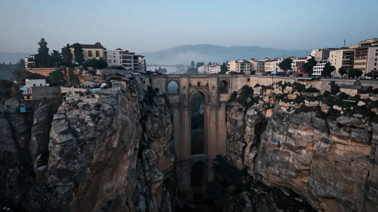 Vue spectaculaire du pont Sidi M'cid surplombant le ravin de Constantine.