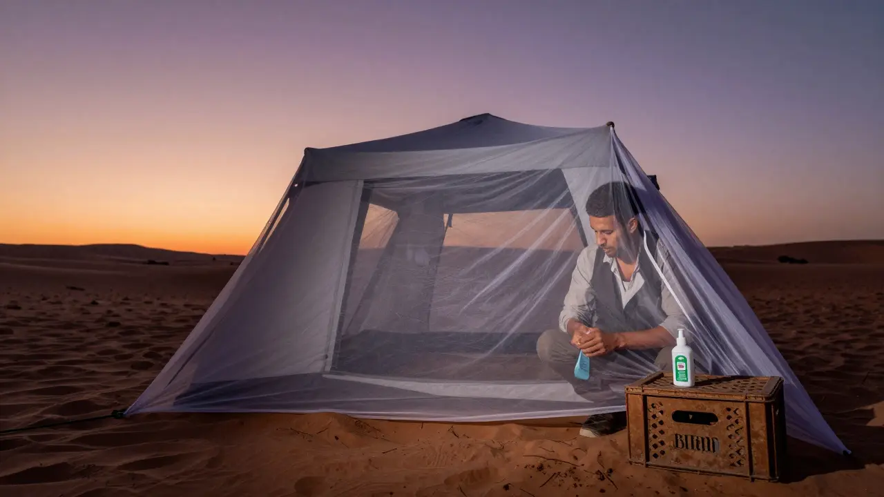 Campement bédouin avec moustiquaire et répulsif au coucher du soleil