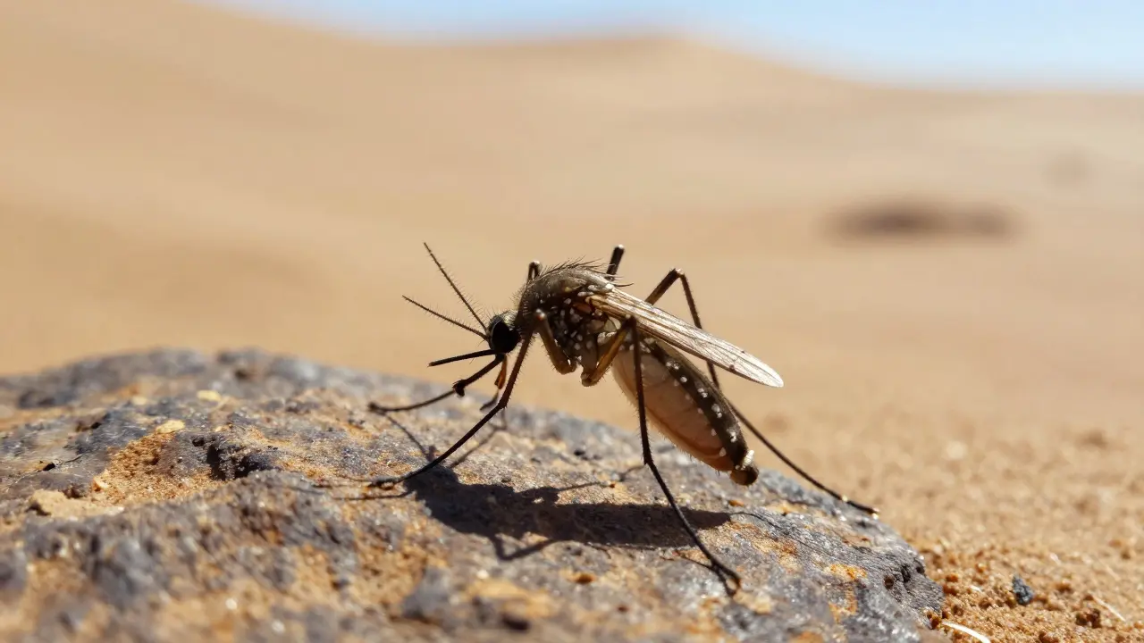Gros plan d'un moustique se cachant à l'ombre sur un rocher dans le désert